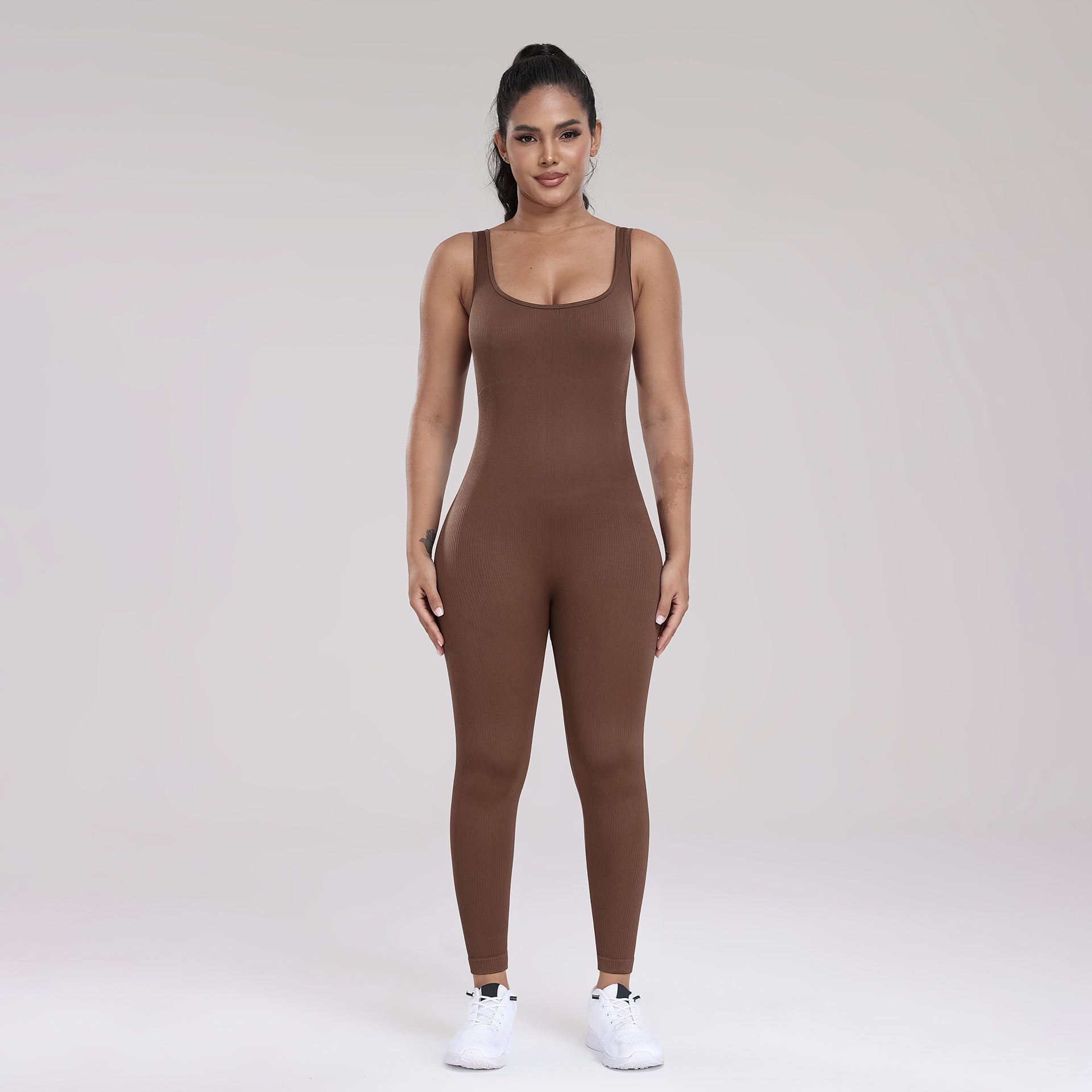 Seamless Yoga Ribbed One-Piece Fitness Outdoor Sports Long Pants with Backless One-Piece Top for Women